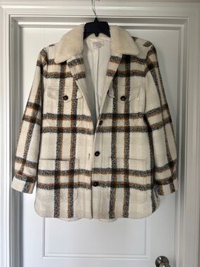 LOFT Plaid Sherpa-Collar Coatigan in Cream Gray and Brown